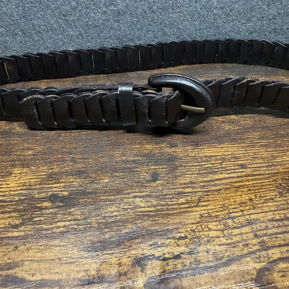 Womens Dark Brown Woven Leather Belt Size Small Braided Cowhide Brass Buckle